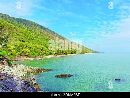 Always beautiful, the tropical colours of the view along Ellis Beach just north of Cairns on the Great Barrier Reef Drive going towards Port Douglas Stock Photo