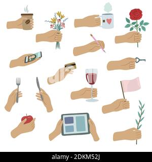 Set with hands holding various things. Cartoon vector illustration. Stock Vector