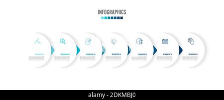 Seven paper white overlapping arrows placed in horizontal row. Concept of 8 successive. For content, diagram, flowchart, steps, parts, timeline. Stock Vector