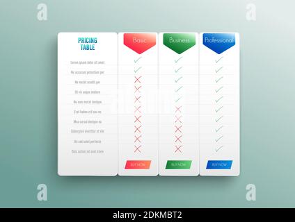 Comparison pricing list. Comparing price or product plan chart compare products business purchase discount hosting image grid. Services cost table. Stock Vector
