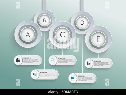 Five paper white overlapping arrows placed in horizontal row. Concept of 5 successive. For content, diagram, flowchart, steps, parts, timeline. Stock Vector