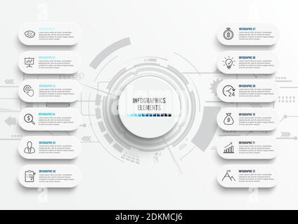 Vector infographic template with 3D paper label, integrated circles. Business concept with 12 options. For content, diagram, flowchart, steps, parts. Stock Vector