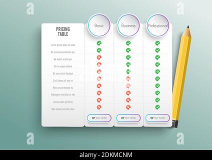 Comparison pricing list. Comparing price or product plan chart compare products business purchase discount hosting image grid. Services cost table. Stock Vector