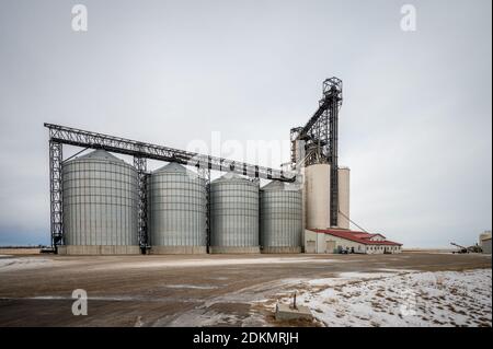 Gleichen, Alberta - November 21, 2020: Parrish & Heimbecker Elevator row in Gleichen during the winter. Stock Photo