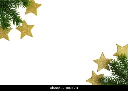 New Year card with fir-tree branches and stars isolated on white background. Stock Photo
