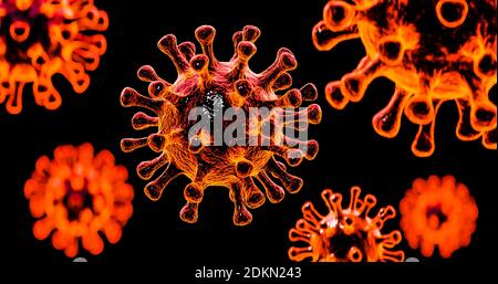 Image of Flu COVID-19 virus cell under the microscope on the blood.Coronavirus Covid-19 outbreak influenza background.Pandemic medical health risk con