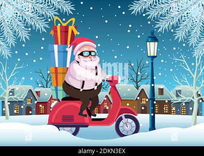 cute santa claus with gifts in motorcycle scene vector illustration design Stock Vector