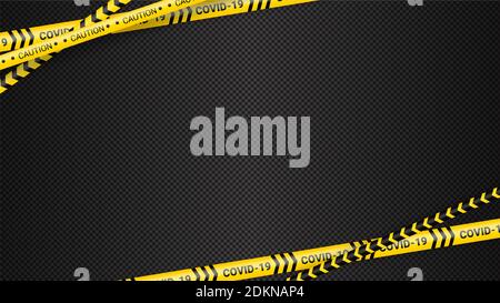 Quarantine danger tape. Covid 19 and quarantine zone yellow warning tape. Coronavirus covid danger stripe on dark transparent background. Safety warning yellow black stripes Stock Vector