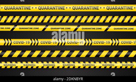 Quarantine danger tape. Covid 19 and quarantine zone yellow warning tape. Coronavirus covid danger stripe on dark transparent background. Safety warning yellow black stripes Stock Vector