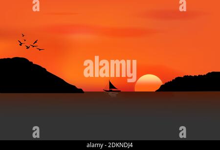 graphics image the sea with silhouette twilight is a sunset on the sea with mountain and boat, design vector illustration Stock Vector