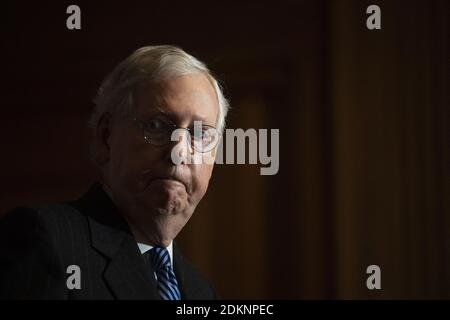 Washington, United States. 15th Dec, 2020. Senate Majority Leader Mitch McConnell, R-Ky., conducts a news conference in the U.S. Capitol after the Senate Republican Policy luncheon in Washington, DC, USA on Tuesday, December 15, 2020. Earlier McConnell for the first time acknowledged Joe Biden's victory and referred to him as President-elect, six weeks after Election Day and amid President Donald Trump's continued refusal to accept defeat. Photo by Caroline Brehman/Pool/ABACAPRESS.COM Credit: ABACAPRESS/Alamy Live News Stock Photo