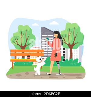 Disabled girl with prosthetic leg and arm playing outdoor games with her pet dog, flat vector illustration. Stock Vector