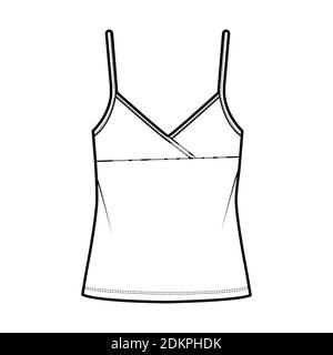Camisole surplice tank cotton-jersey top technical fashion illustration with empire seam, thin adjustable straps, oversized. Flat outwear template front, white color. Women men CAD mockup Stock Vector