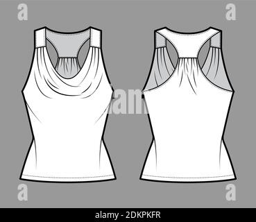 Tank racerback cowl top technical fashion illustration with ruching, fitted body, tunic length. Flat apparel outwear shirt template front, back, white color. Women, men unisex CAD mockup Stock Vector