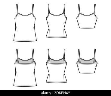 Set of Camisoles scoop neck cotton-jersey top technical fashion illustration with adjustable straps, slim, oversized fit, crop and tunic length. Flat tank front back white color. Women men CAD mockup Stock Vector