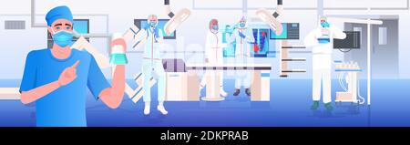 doctors team holding test tubes with coronavirus cells sample vaccine development fight against covid-19 concept hospital lab interior horizontal vector illustration Stock Vector
