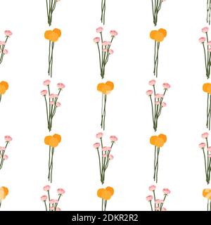 Vector nature graphic background with rose flowers and yellow dandelion. Floral seamless pattern. Textile ornament. Stock Vector