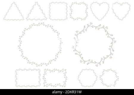 Floral frame set for celebration design with branches pink flowers. Romantic Vector template. Wedding invitation elements. Six shape collections - round, square, heart, rectangle, heaxagon, triangle. Stock Vector