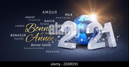 2021 New Year date number, composed with a blue planet earth, greetings and best wishes in French language, on a festive black background - 3D illustr Stock Photo