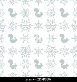 seamless chechered winter pattern with silver grey snowflakes and squirrels. vector flat Christmas ornament on white background. winter texture. Stock Vector