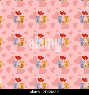 Seamless pattern with cat couple and hearts on Valentines day Stock Vector