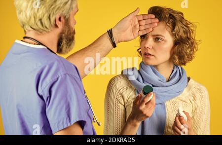 Effective medicines. Girl viral disease. Medical check up. Doctor and patient at hospital. Instruction taking medicines. Doctor prescribing treatment. Consultation concept. Pneumonia treatment. Stock Photo