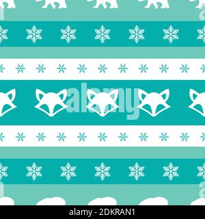 seamless winter pattern with white snowflakes, foxes and bears. vector flat Christmas ornament on powder blue background. winter texture. New year wal Stock Vector
