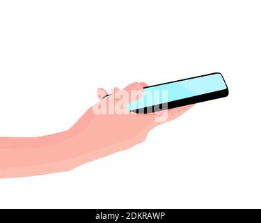 Mobile phone in the hand. Woman holds black smartphone. Finger touching screen. Copy space for your text. Vector illustration, white background Stock Vector
