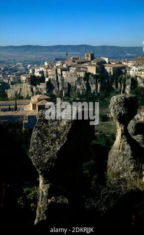 Spain, Castile-La Mancha, Cuenca. Panoramic of the old town of the city and the Gorge of the Huécar River. Stock Photo