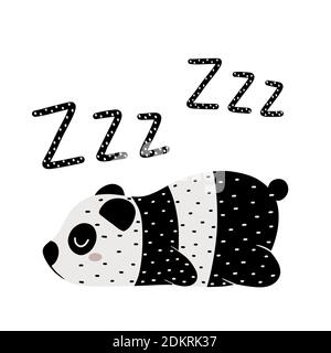 Sleeping panda bear with zzz textured lettering isolated on white background. Cute childish hand drawn vector illustration. Stock Vector