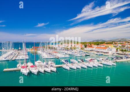 Aerial view of marina with sailboats on beautiful blue Adriatic seascape, town of Pirovac in Croatia Stock Photo