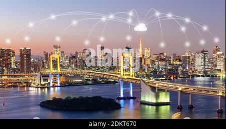 Tokyo, Japan. Modern city wireless communication network concept image. Stock Photo
