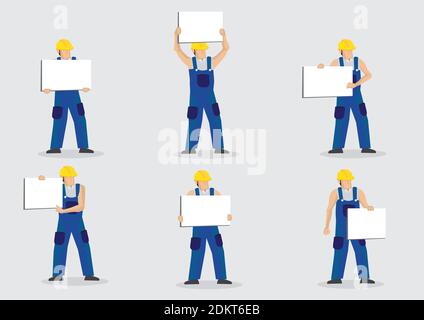 Set of six vector illustrations of construction worker in blue overall and yellow hard hat holding blank placard with copy space isolated on grey back Stock Vector