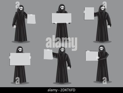 Set of six vector illustration of cartoon skeleton dressed in long black robe and holding blank placard with copy space isolated on grey background fo Stock Vector