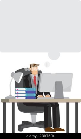 Thinking Businessman working on his computer desk with an empty speech bubble on top of his head. Concept of thinking businessman. Isolated vector ill Stock Vector
