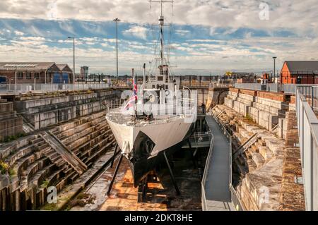 HMS M33 was built in 1915 as an M29-class monitor & served in the First World War. One of only three to survive she is now in dry dock in Portsmouth. Stock Photo
