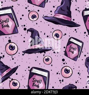 Occult seamless pattern with Halloween objects. Repetitive background with eyeballs, spell books and witch hats. Stock Vector