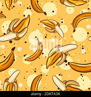 Summer seamless pattern with bananas and peels. Repetitive yellow background with exotic and tropical fruits. Stock Vector