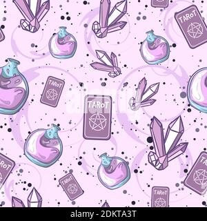 Purple occult seamless pattern with different magic objects. Repetitive background with tarot cards, liquid bottles and amethysts. Stock Vector