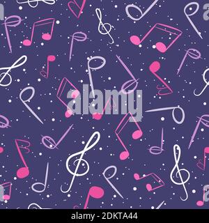 Pink and purple musical seamless pattern. Playful repetitive background with music notes and dots. Stock Vector