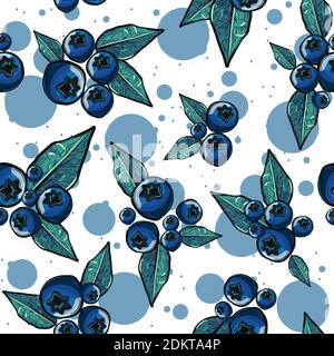Blue summer fruits repetitive background. Seamless pattern with blueberries and leaves. Stock Vector