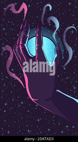 Dark vector illustration of a hand holding a glowing globe. Crystal ball under the night sky. Stock Vector