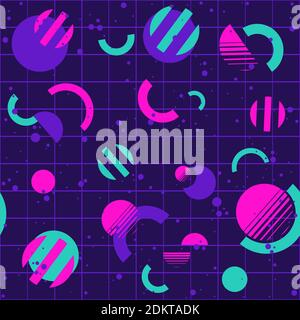 Futuristic seamless pattern with abstract striped circular shapes. Pink, blue and purple repetitive background Stock Vector