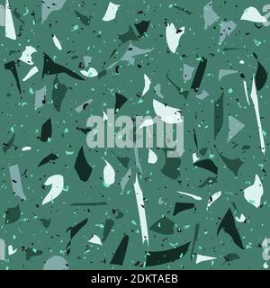 Green terrazo seamless pattern for tiles and faience. Italian mosaic with rock fragments and pieces repetitive background. Stock Vector