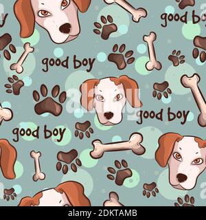 Canine repetitive background. Dogs with paws and bones, seamless pattern. Stock Vector