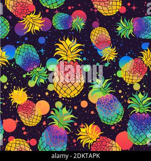 Colorful pineapples with pride flag colors. Seamless pattern with rainbow fruits and color splashes. Stock Vector