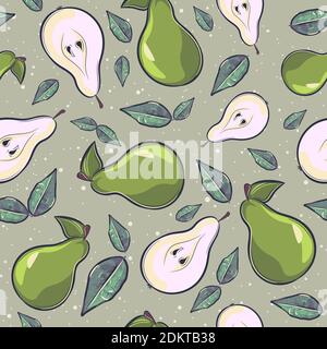 Cartoon seamless pattern with pears and leaves. Repetitive background with green autumn fruits. Stock Vector