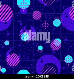 Abstract seamless pattern with neon dots, circles and color splashes. Modern repetitive background with cyber interface and virtual reality concept. Stock Vector