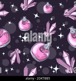 Occult and wiccan seamless pattern with alchemy objects. Pink poison bottle and amethyst, repetitive background for Halloween. Stock Vector