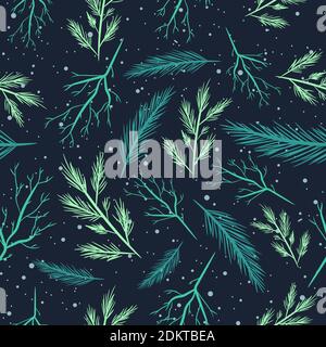 Winter flora seamless pattern with turquoise and green shades. Christmas tree and evergreen branches repetitive background. Stock Vector